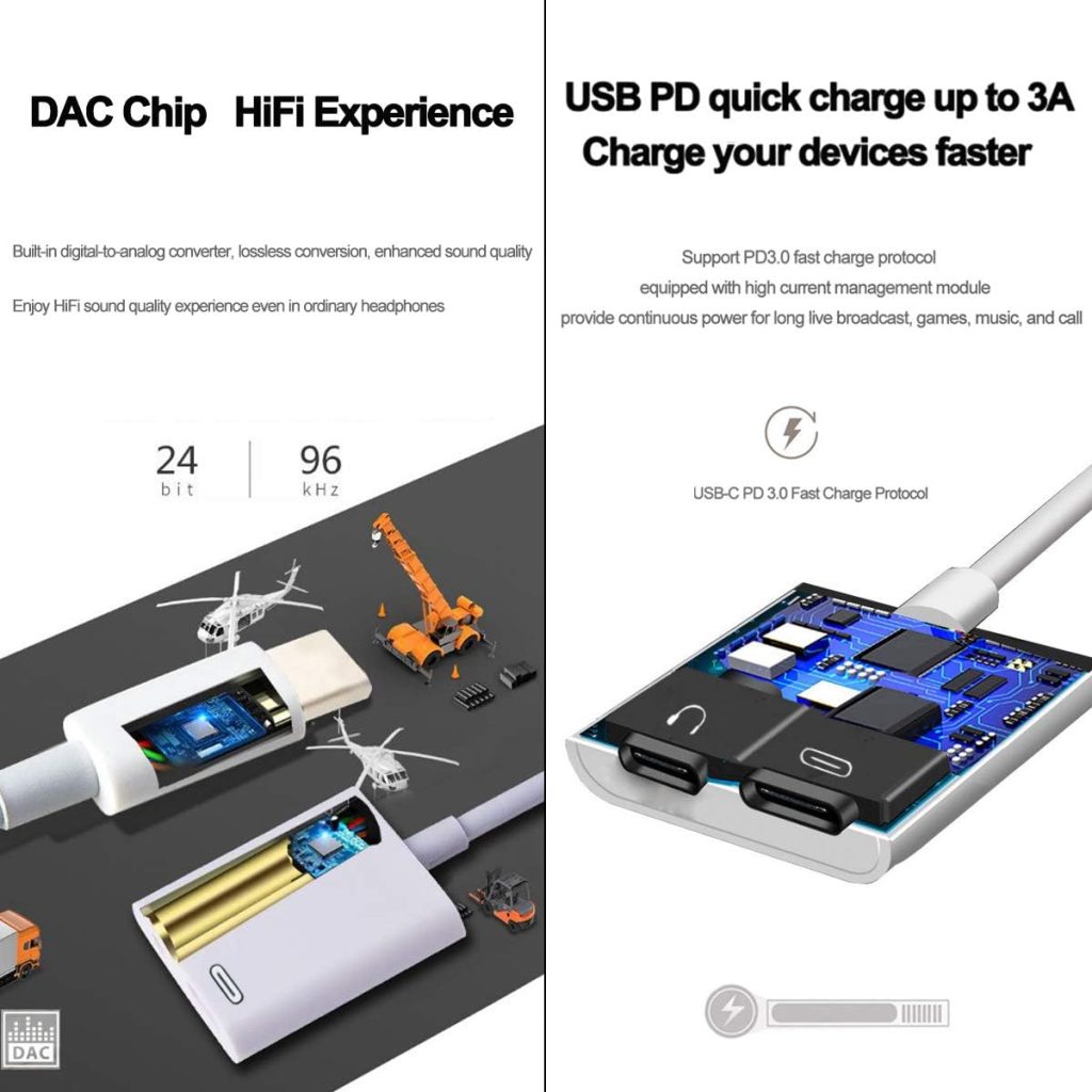 2 in 1 Usb Type-c Usb-c Headphone Audio Dac Splitter Adapter Pd Fast ...